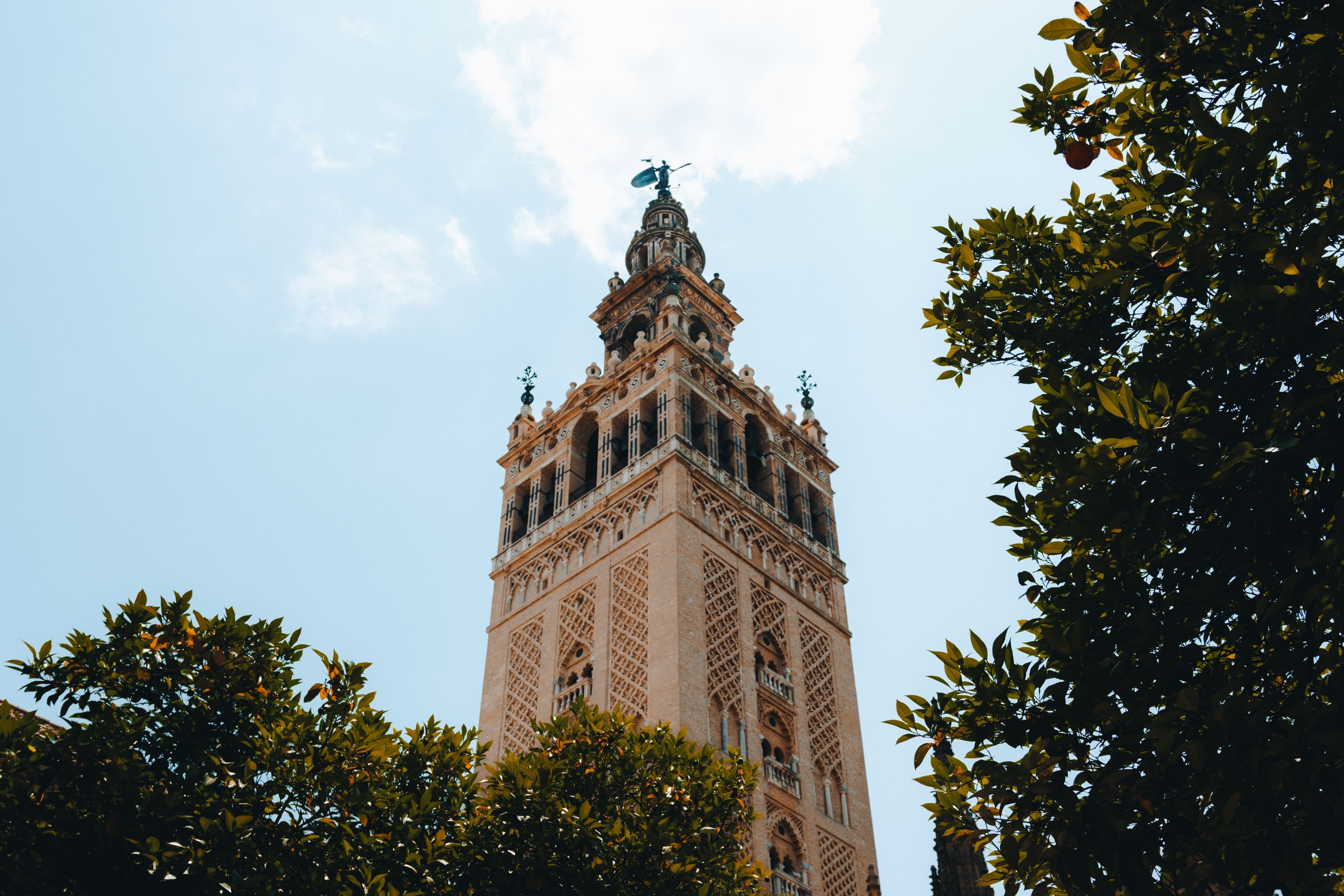 A tall, ornate tower with intricate designs framed by green trees and a blue sky.