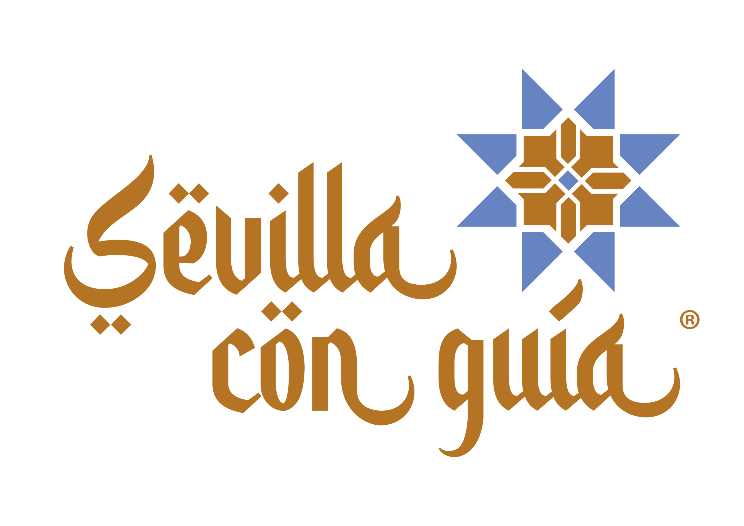 Text 'Sevilla con guía' with geometric star design in blue and brown.