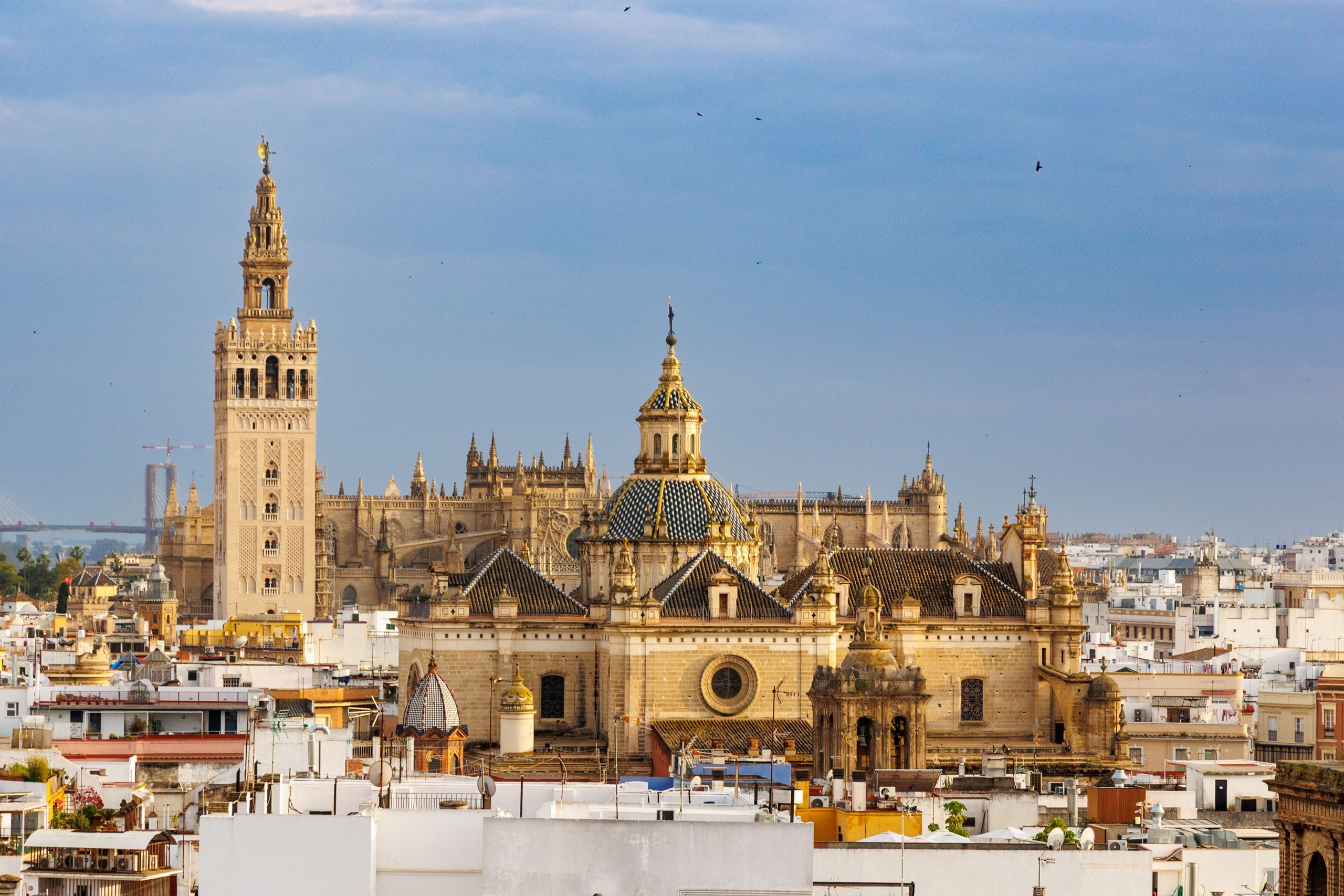 View of Seville Cathedral and Giralda Tower under a cloudy sky.